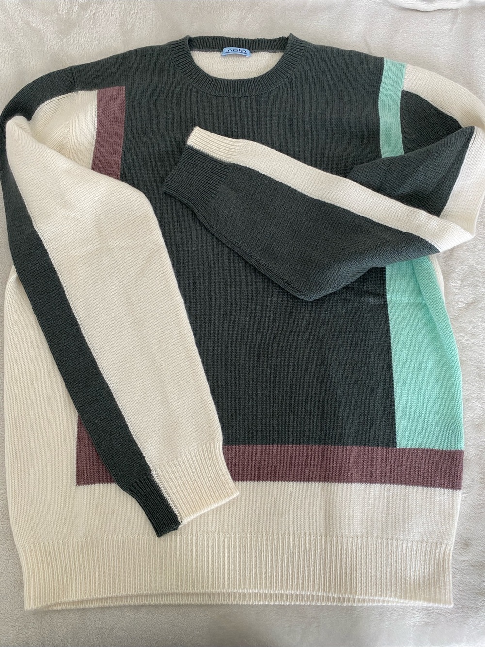 Malo Colorblock Crewneck Sweater - Black, Cream, Mint & Plum